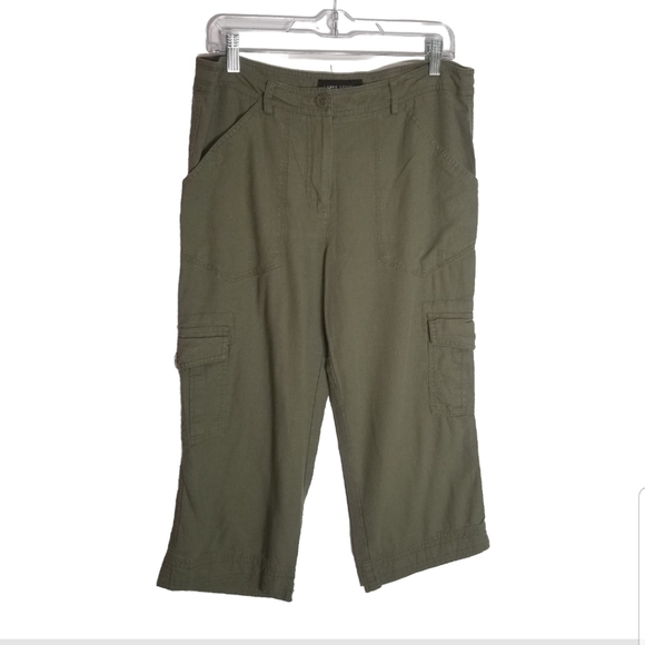 Larry Levine Pants Women's 12 Crop Capri Olive Green Linen Rayon Cargo Pocket - Picture 1 of 7